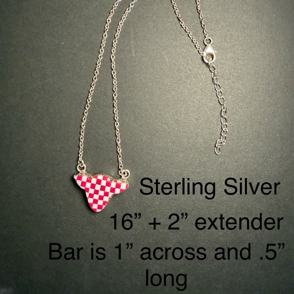 Sterling Silver Pink Checkerboard Triangle Pendant Necklace